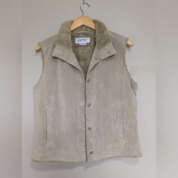 Vintage Esprit Suede Leather Cream Button Down Vest Women's XL - Picture 2 of 11